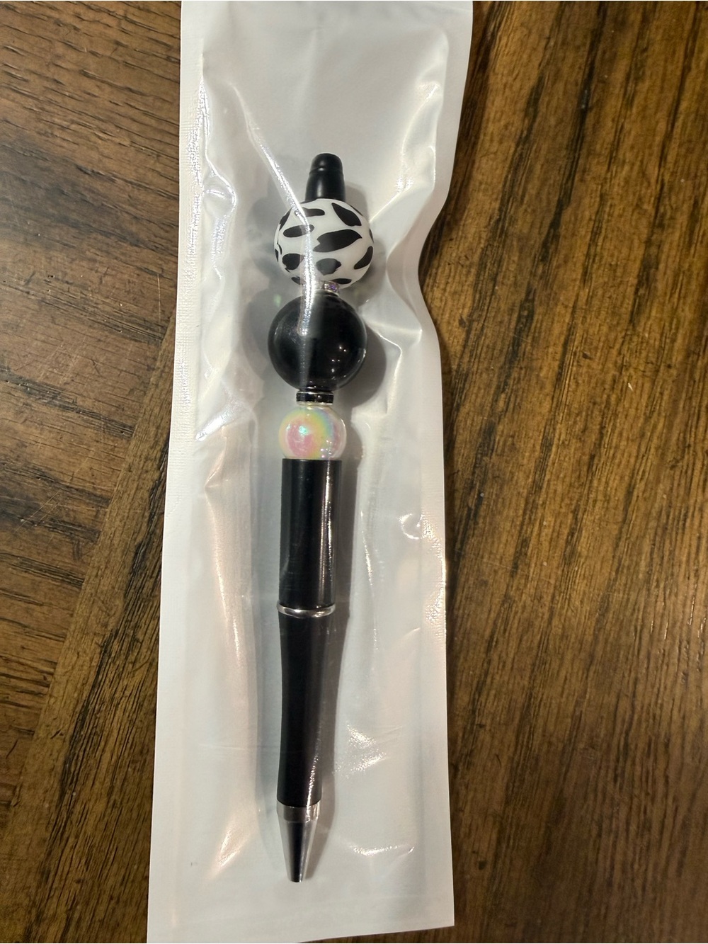 Black Beaded Pen with White Accent Bead Cow Print Bead